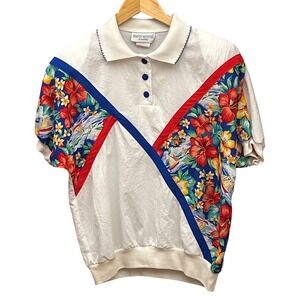 90s Simply Petites Polo Shirt Tropical Nautical Coastal Grandma Floral Top 12P